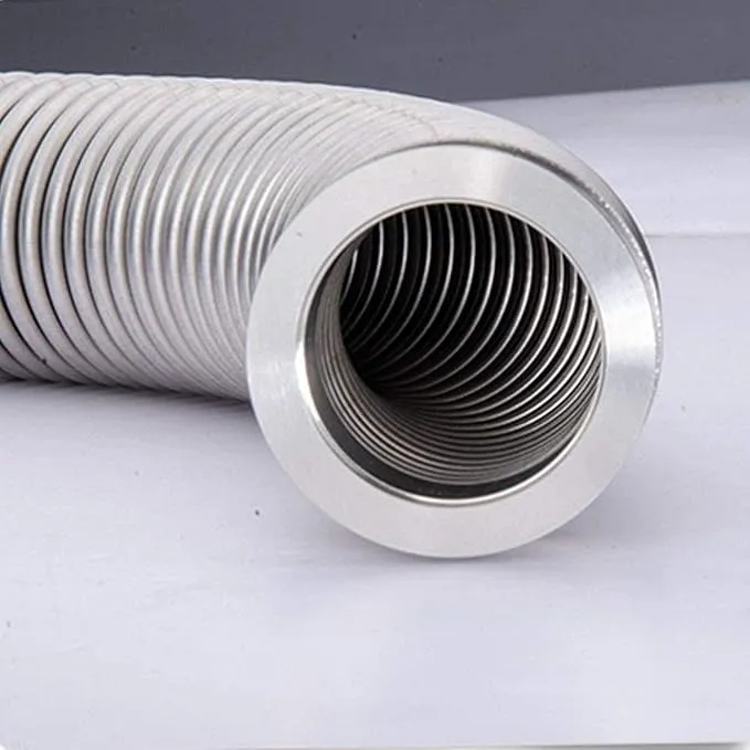 KF stainless steel bellow hose displayed with clamps and centering rings.