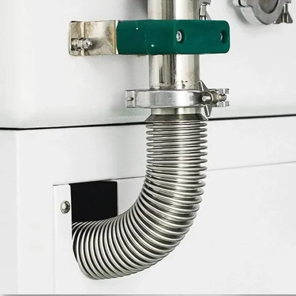 Close-up view of the corrugated stainless steel structure of a KF vacuum bellow hose.