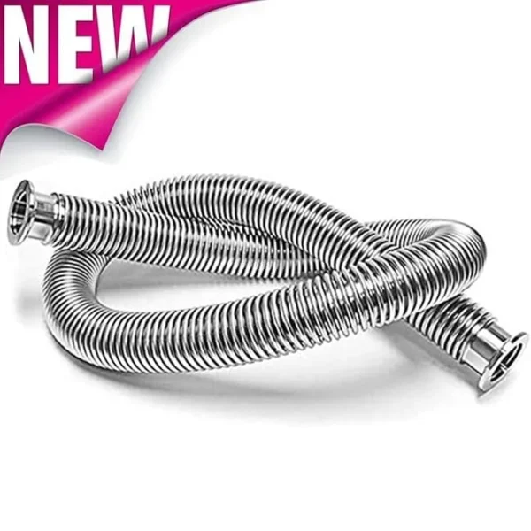 Angled stainless steel KF vacuum bellow hose showing flexible metal construction.