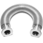 Side view of a stainless steel KF vacuum bellow hose with flexible corrugated design.