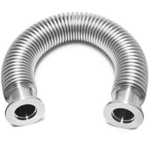 Side view of a stainless steel KF vacuum bellow hose with flexible corrugated design.
