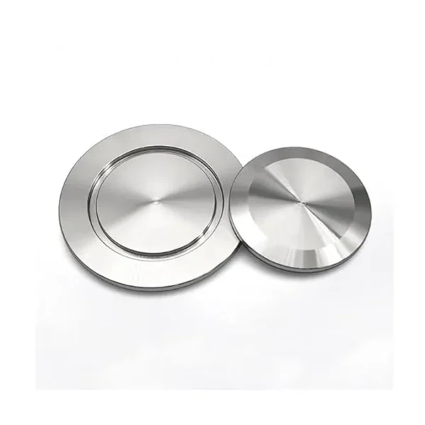 Angled stainless steel KF40 blanking plate with precision-machined edges.