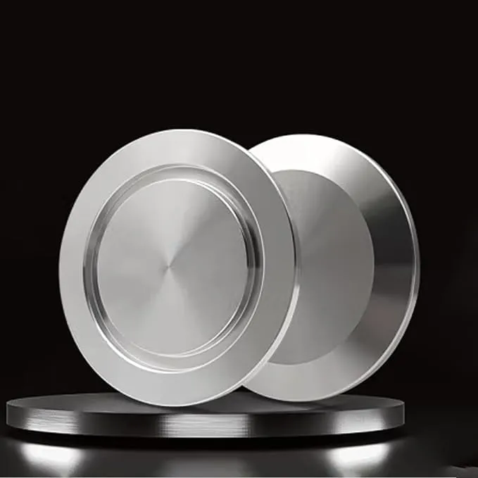 Front-facing view of a polished stainless steel KF40 vacuum blank off.