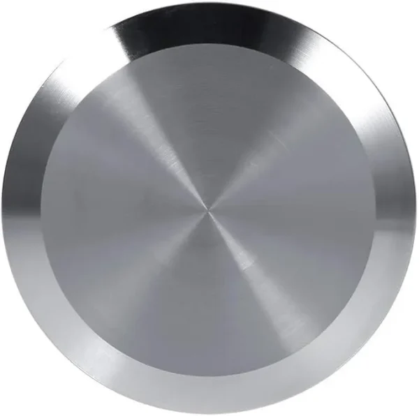 Top-down view of a KF16 stainless steel vacuum blank cap.