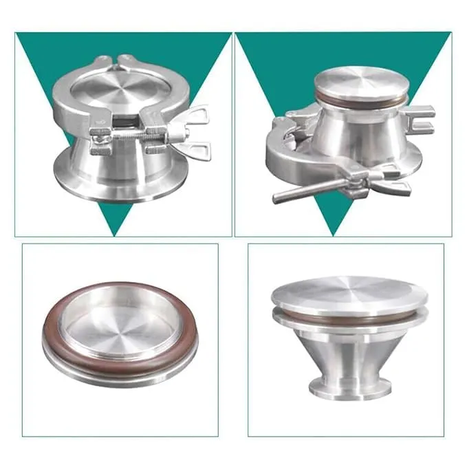 High-vacuum stainless steel KF blank flanges displayed on reflective platform.