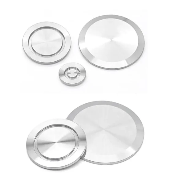 Stainless steel KF16 blank off flange with polished finish shown from the front.