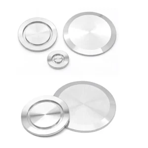 Set of stainless steel KF40 blank offs arranged together for visual comparison.