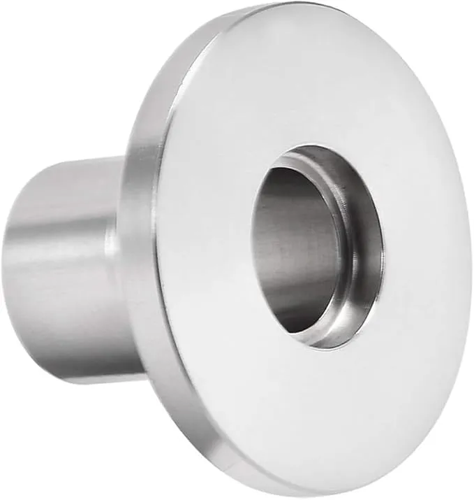 Top-down view of a KF stainless steel weldable flange with extended 20mm tube.