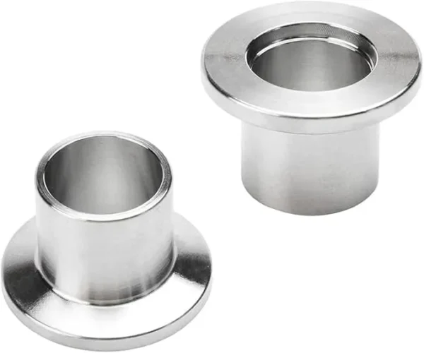 Angled view of a KF stainless steel weldable flange featuring a 20mm long stub.