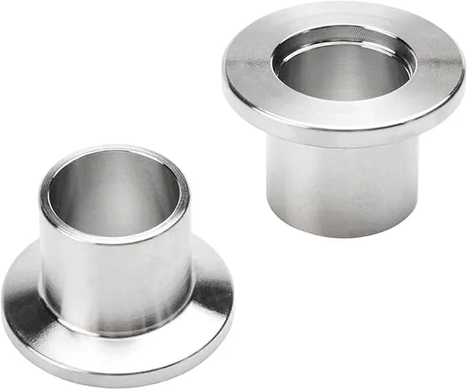 Angled view of a KF stainless steel weldable flange featuring a 20mm long stub.