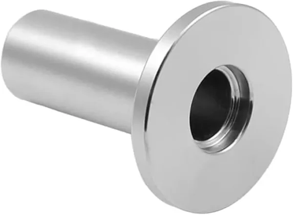 Angled stainless steel KF weldable flange with 40mm extended weld stub.