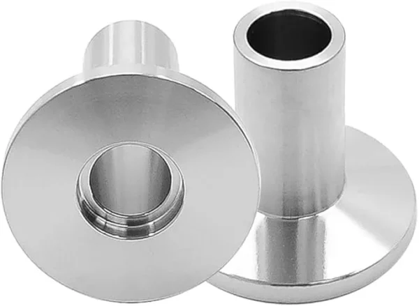 Front view of a KF stainless steel weldable flange with a 40mm long weld stub.